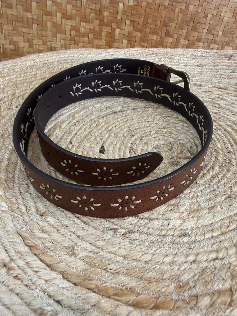Genuine Leather Floral Cutout Embroidered Belt Brown Brass Buckle Size Medium